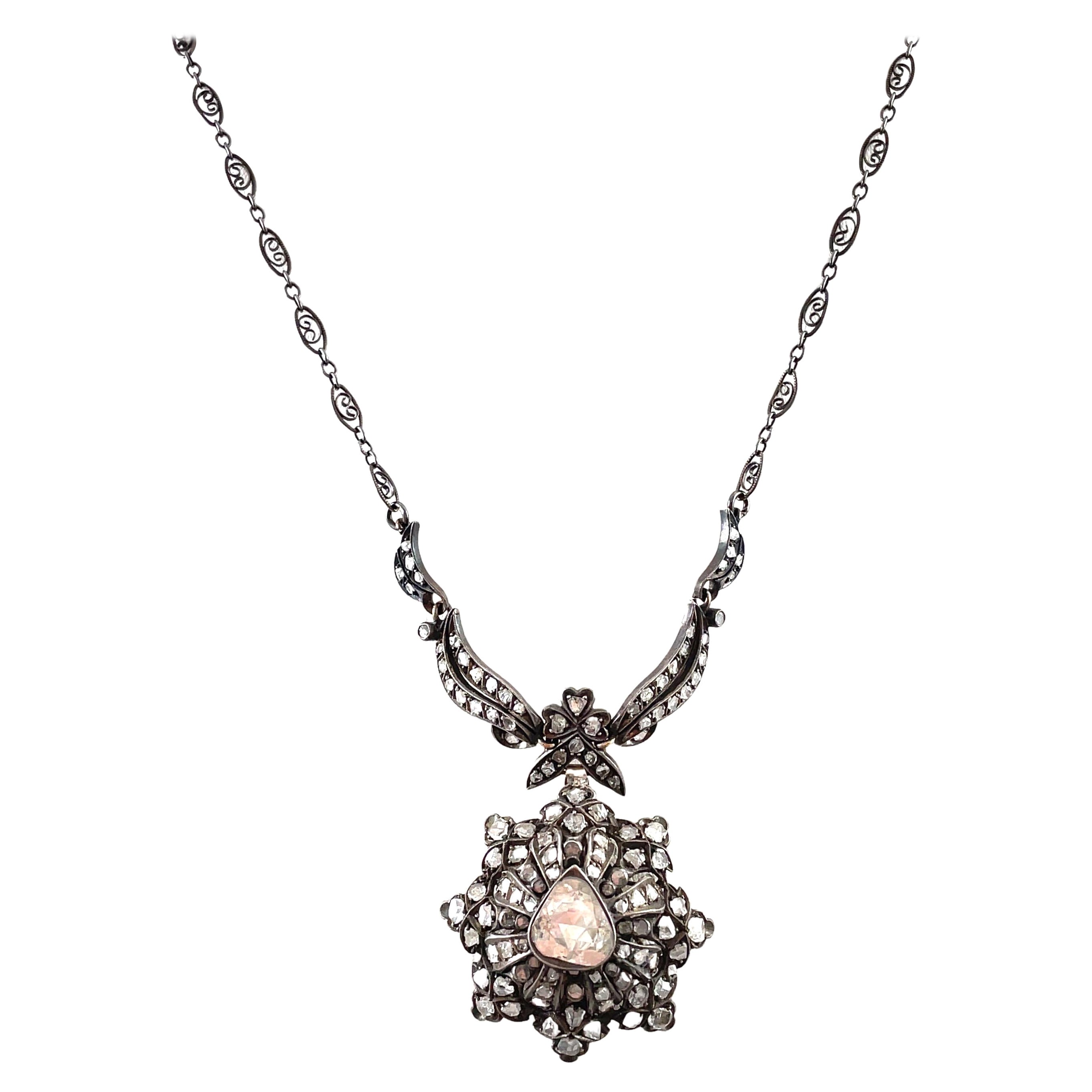 Vintage Victorian Style Apx 4.30ct Rose Cut Diamond Drop Necklace For Sale