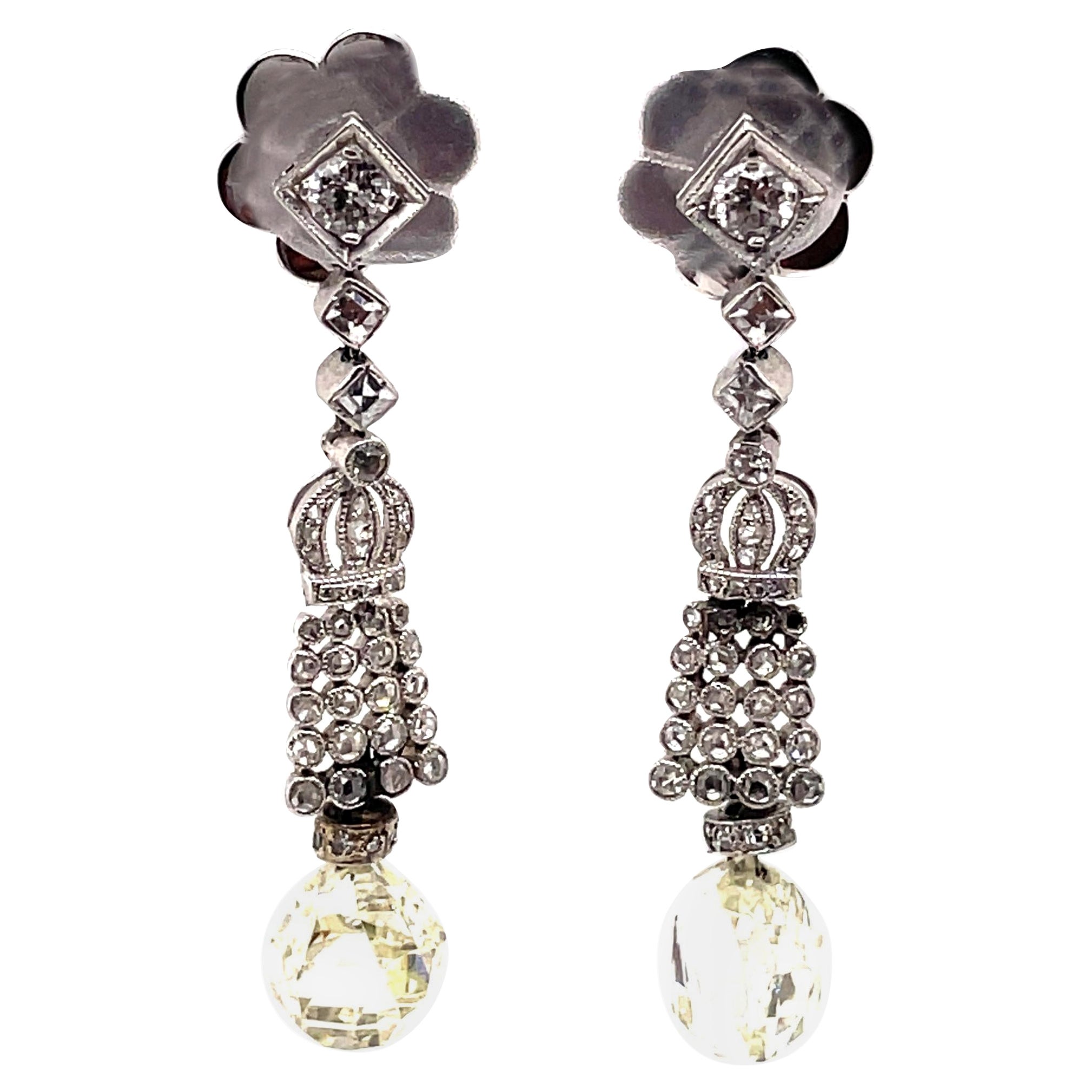 Boucles d'oreilles de style édouardien en or blanc 18 carats avec diamants en forme de briolette