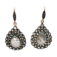 Victorian Style Oval Rose Cut Diamond Drop Earrings