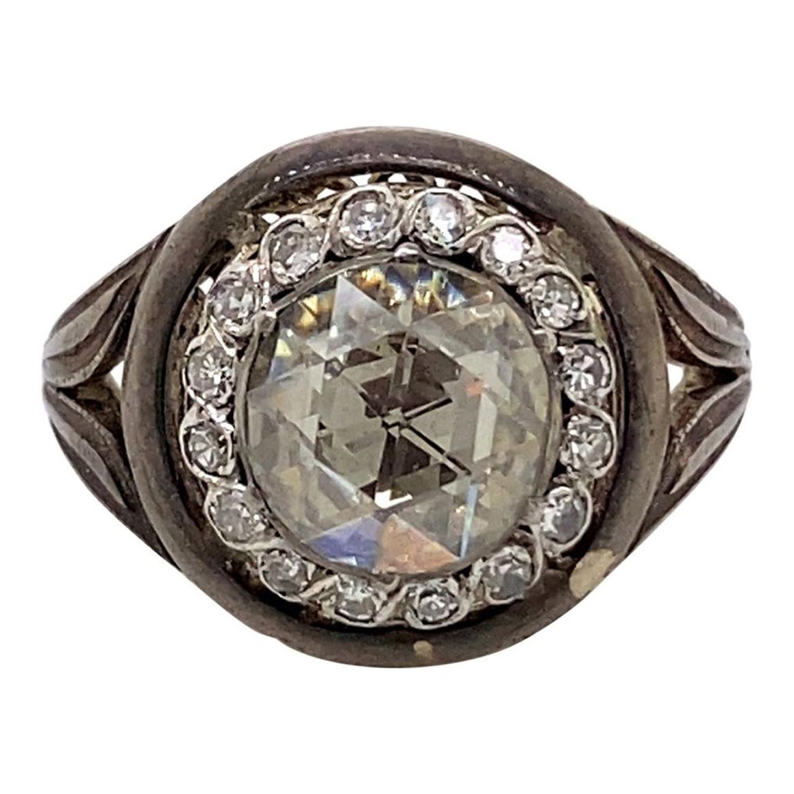 Vintage Victorian Style Apx 2 Carat Rose Cut Diamond Ring with Halo For Sale