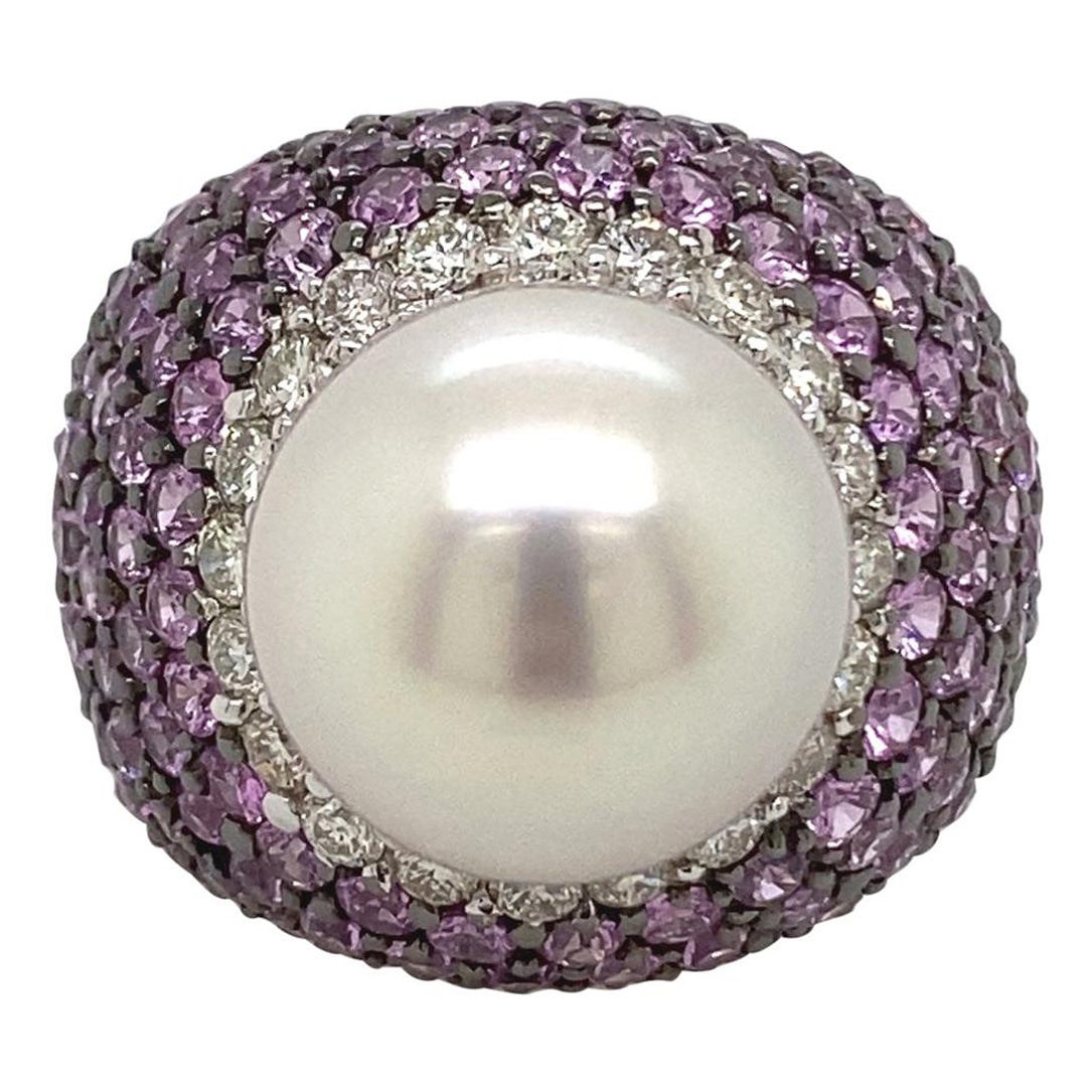 Pearl, Pink Sapphire, and Diamond Ring 18 Karat White Gold