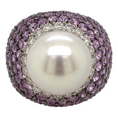 Pearl, Pink Sapphire, and Diamond Ring 18 Karat White Gold