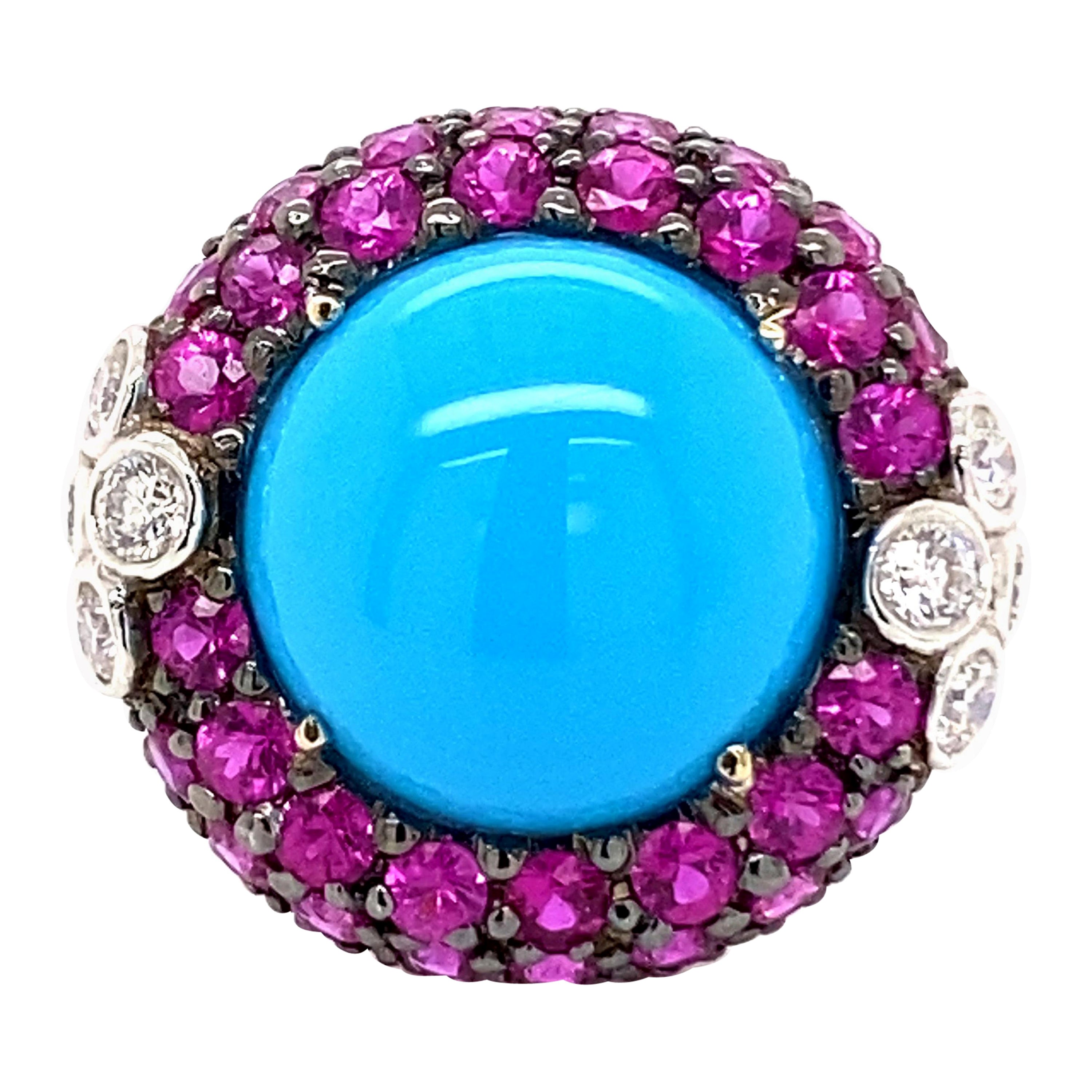 Turquoise, Ruby, and Diamond Cluster Ring 18 Karat White Gold For Sale