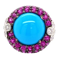 Turquoise, Ruby, and Diamond Cluster Ring 18 Karat White Gold