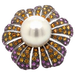Pearl and Multi-Color Sapphire Floral Ring 18 Karat White Gold