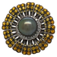 Tahitian Pearl, Diamond and Yellow Sapphire Floral Ring 18 Karat White Gold