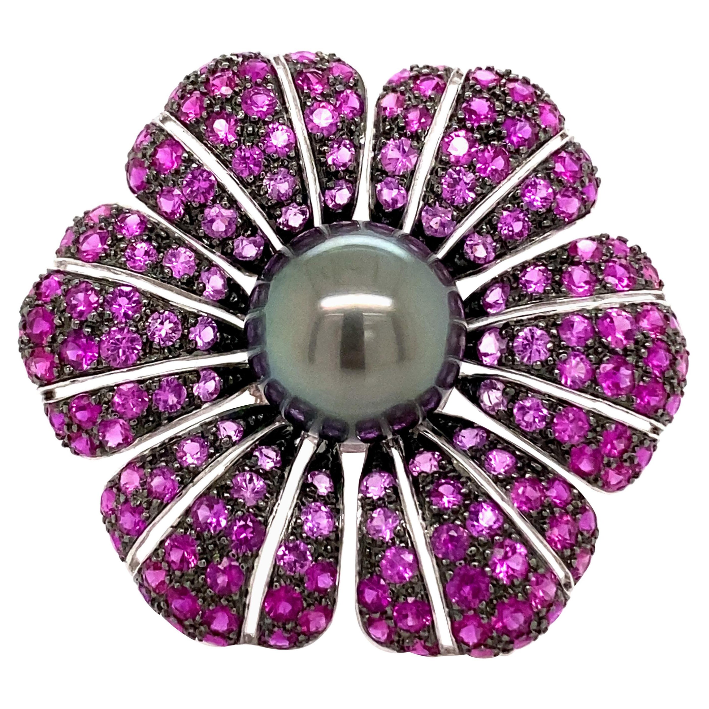 Tahitian Pearl, Ruby, and Pink Sapphire Floral Ring 18 Karat White Gold For Sale