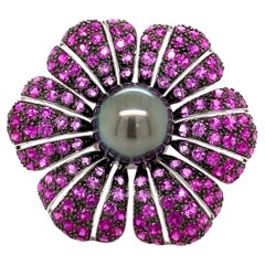 Tahitian Pearl, Ruby, and Pink Sapphire Floral Ring 18 Karat White Gold