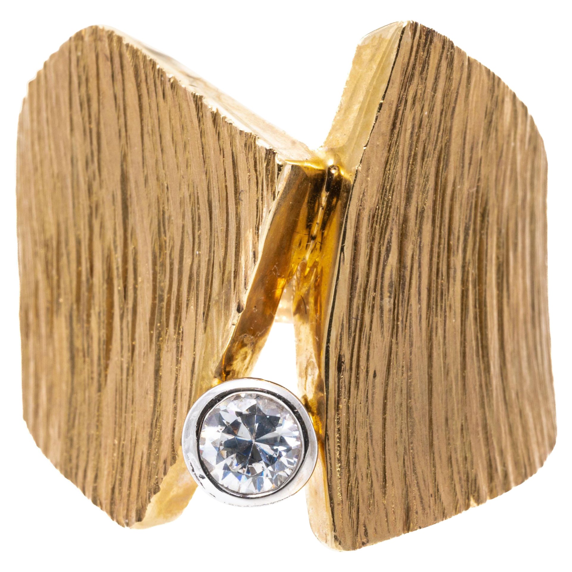 14k Yellow Gold Ultra Wide Bark Finished Ring with CZ Brilliant For Sale
