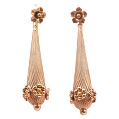 Georgian Pinchbeck Torpedo Drop Earrings with Decorative Floral Accents