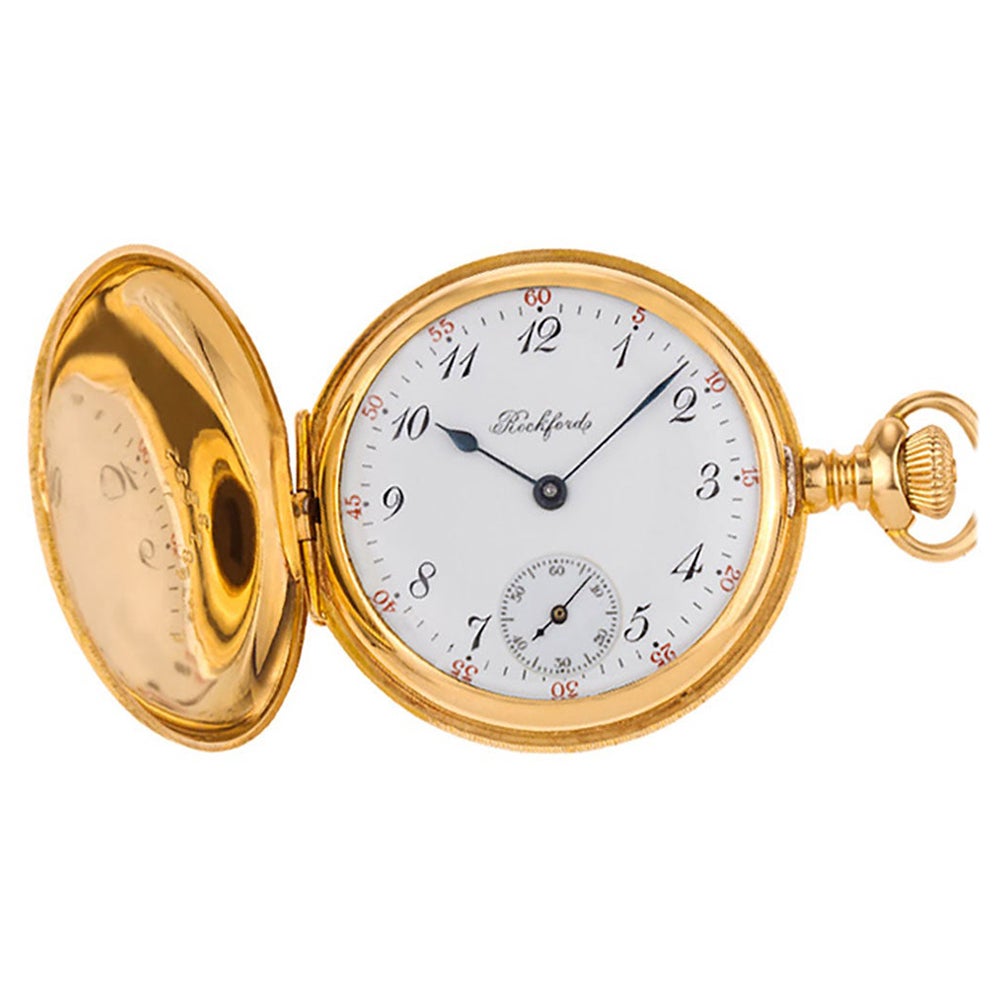 Rockford Pocket Watch 14k Yellow Gold White Porcelain Dial Case Manual For Sale