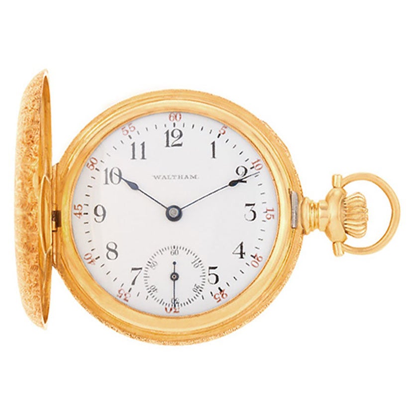 Waltham Pocket Watch 14k Yellow Gold White Porcelain Dial Case Manual For Sale