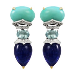 Italienische Annellino-Ohrringe aus feinem Schmuck mit Türkis, Tansanit und Aquamarin