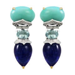 Annellino Boucles d'oreilles italiennes de haute joaillerie en turquoise, tanzanite et aigue-marine