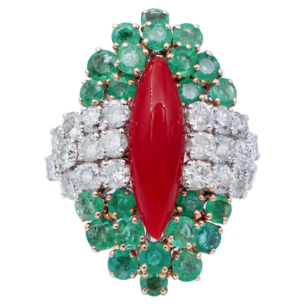 Red Coral, Emeralds, Diamonds, 14 Karat White Gold Ring