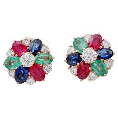 Rubies, Emeralds, Sapphires, Diamonds, 14 Karat Rose Gold Stud Earrings