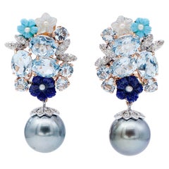 Pearls, Topazs, Diamonds, Aquamarine, Turquoise, Lapis, Stones, 14 Kt Gold Earrings