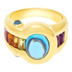 Vintage Blue Topaz Cabochon Ring in 18k Yellow Gold with Amethyst & Semi-Precious Stones