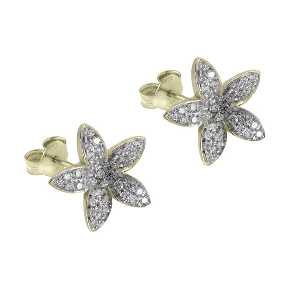 Annellino Italian Fine Jewellery White Diamond Flower Yellow Gold Stud Earrings For Sale