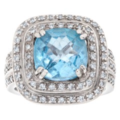 Vintage Blue Topaz Ring with Diamond Accents in 18k White Gold