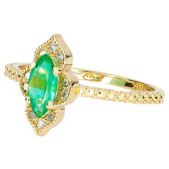 14 Karat Solid Gold Ring with Natural Emerald and Diamonds