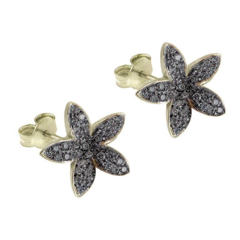 Annellino Italian Fine Jewellery Black Diamond Flower Yellow Gold Stud Earrings For Sale