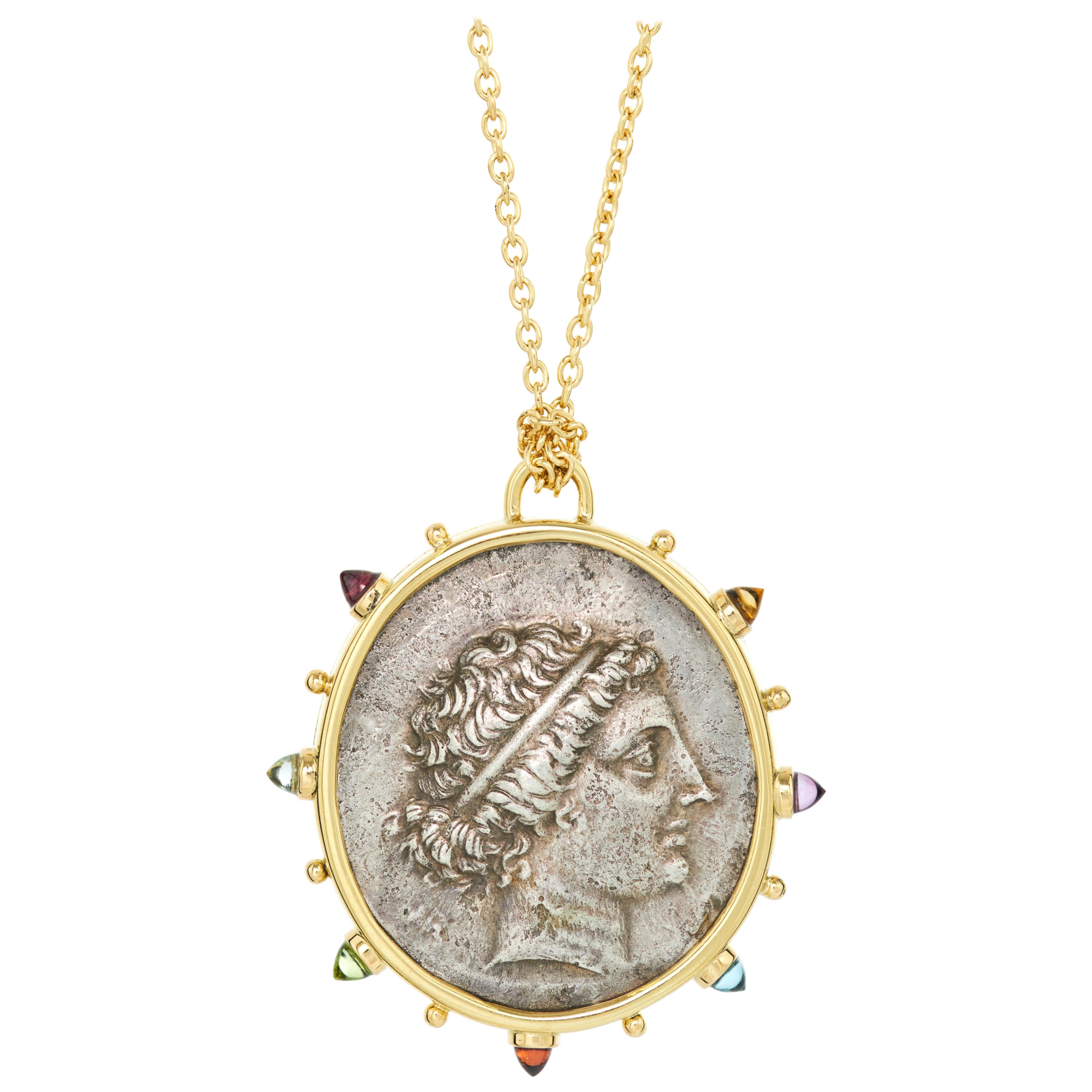 Kyme Ancient Silver Coin 18 Karat Citrine Amethyst Topaz Cabochon Medallion