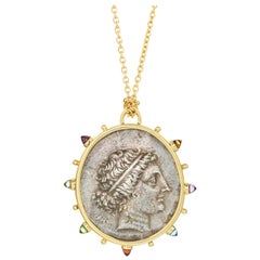 Kyme Antike Silbermünze 18 Karat Citrin Amethyst Topas Cabochon Medaillon