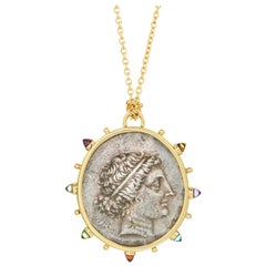 Kyme Antigua Moneda de Plata 18 Kilates Medallón Cabujón Amatista Topacio
