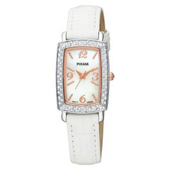 Used Pulsar Stainless Steel White MOP Dial White Leather Strap Ladies Watch PTC503