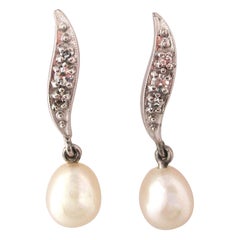 Midcentury 14 Karat White Gold Diamond and Pearl Articulated Drop Earrings