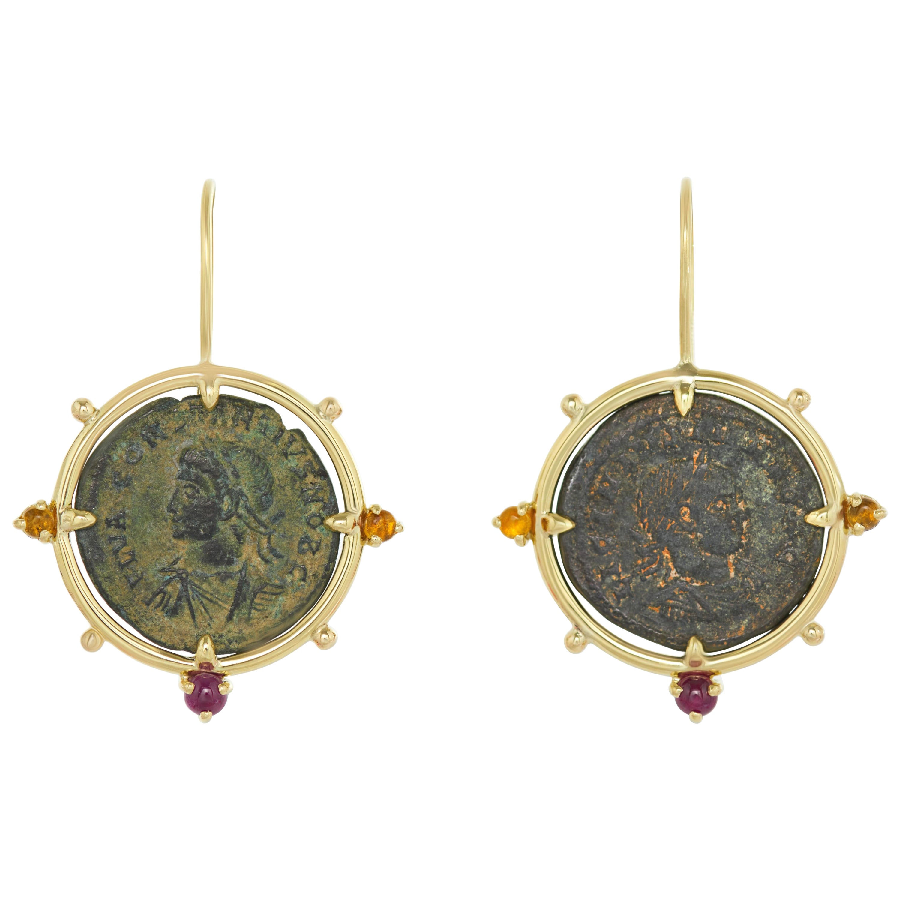Dubini Empires Ancient Bronze Coin 18 Karat Yellow Gold Citrine Ruby Earrings