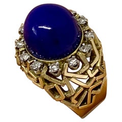 Lapis Lazuli Diamond Halo Ring 18 Karat Gold Vintage Midcentury Modern