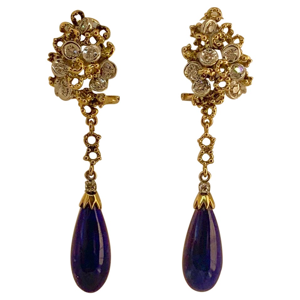 Lapis Lazuli Diamond Dangle Drop Earrings Retro Mid-Century Modern 18 Karat Gold For Sale
