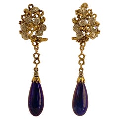 Lapis Lazuli Diamond Dangle Drop Earrings Retro Mid-Century Modern 18 Karat Gold