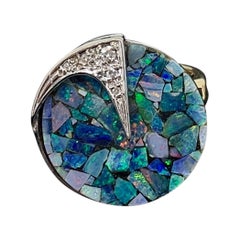 Anillo de diamantes con ópalo negro Moderno de mediados de siglo Oro de 14 quilates Retro de la era Eames