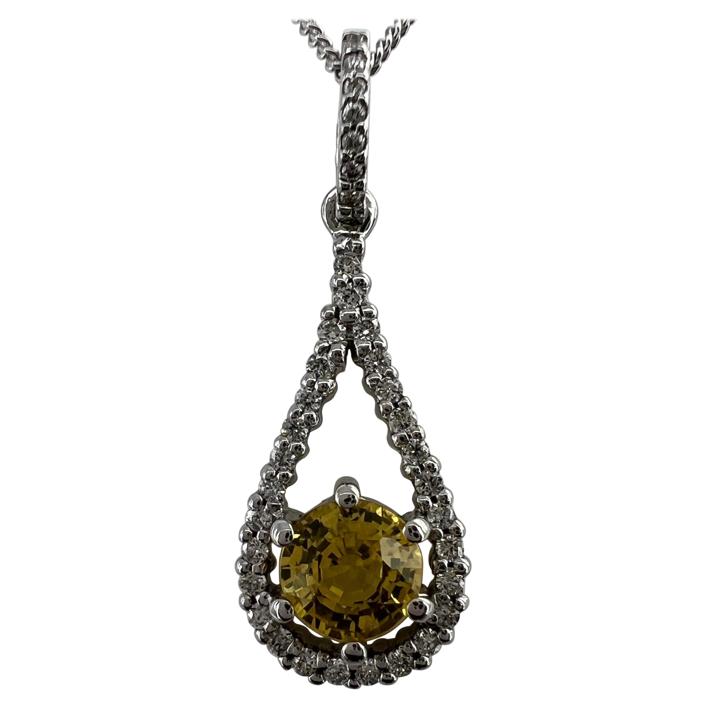 Certified Untreated Vivid Yellow Sapphire & Diamond 18 Karat White Gold Pendant For Sale