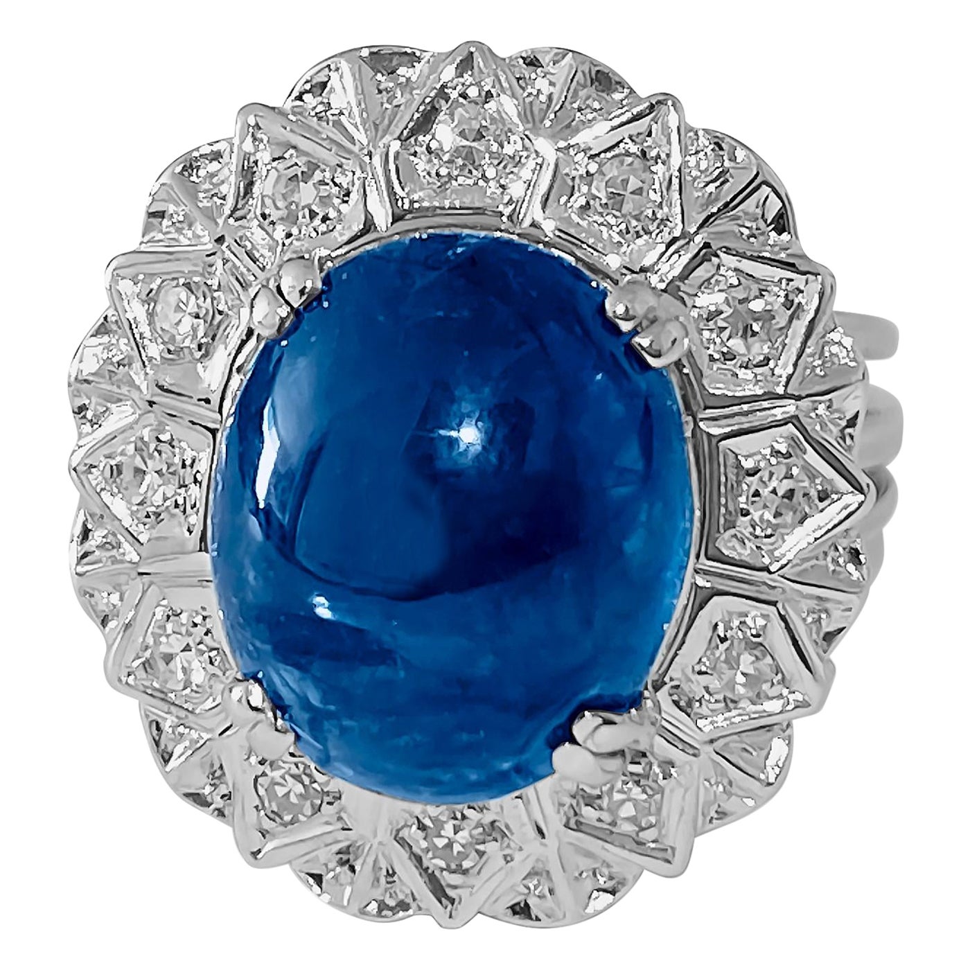 GIA Certified Vintage 6.90 Carat Blue Sapphire & Diamond 18K Gold Cocktail Ring