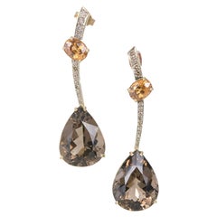 Smoky Quartz Citrine Diamond Gold Dangle Drop Earrings