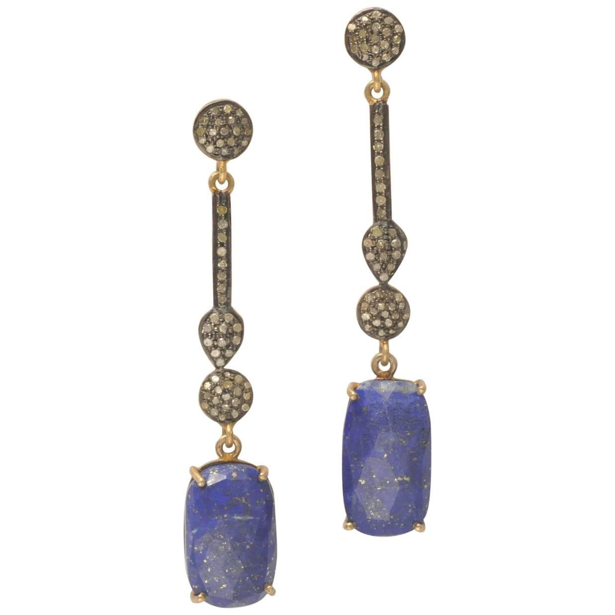 Pair of Lapis Lazuli and Diamond Drop Earrings