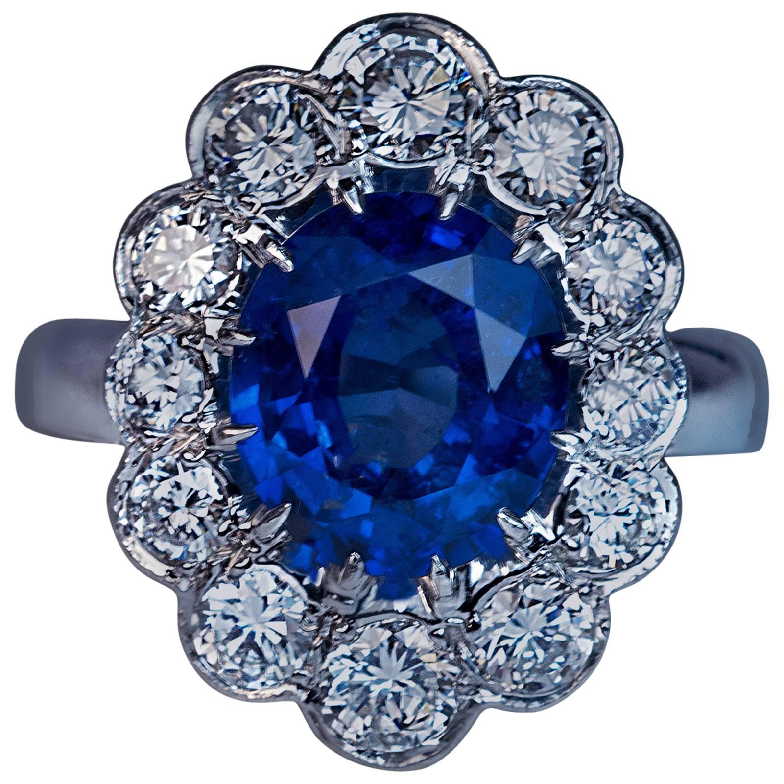 French Sapphire Diamond Platinum Engagement Ring