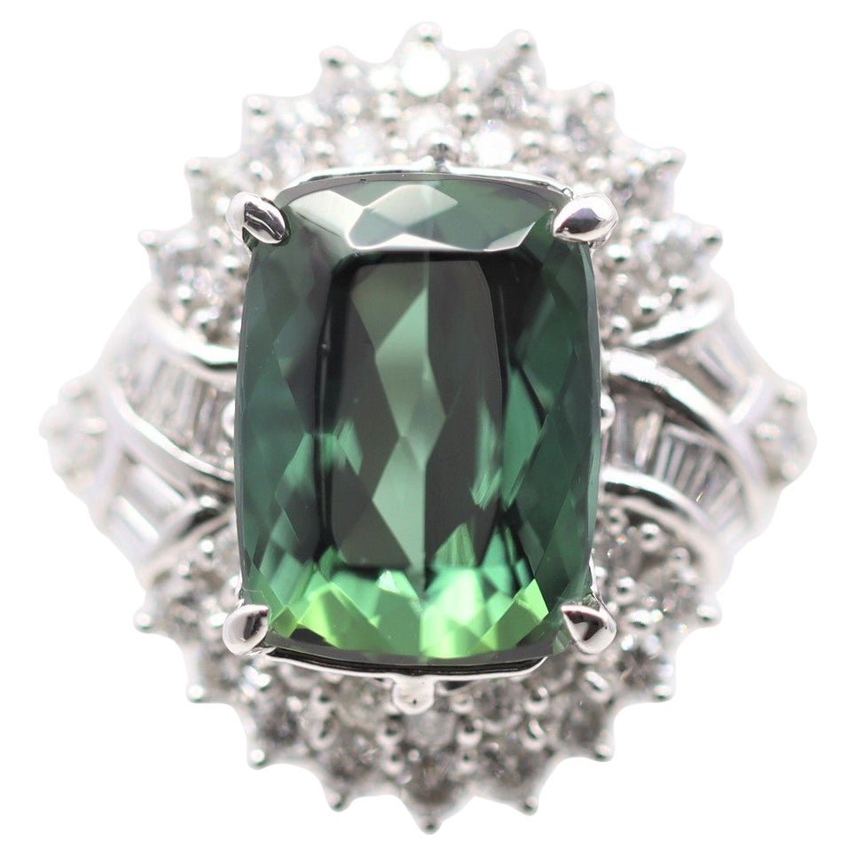 Blue-Green Indicolite Tourmaline Diamond Platinum Cocktail Ring