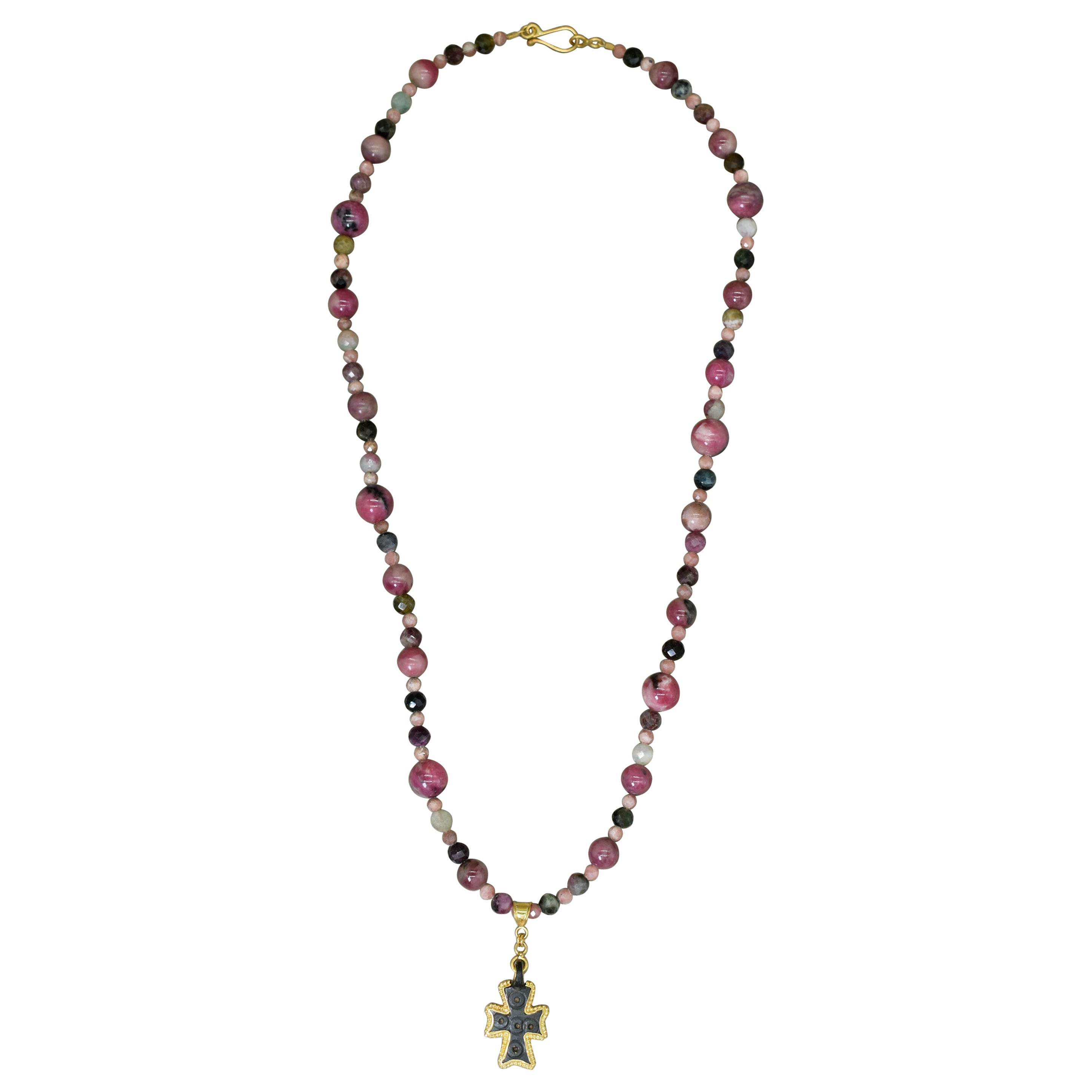 Ancient Bronze Cross, 22 Karat Gold and Pink Rhodonite Beaded Pendant Necklace