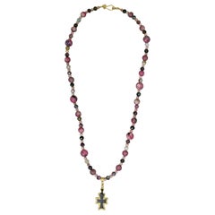 Ancient Bronze Cross, 22 Karat Gold and Pink Rhodonite Beaded Pendant Necklace