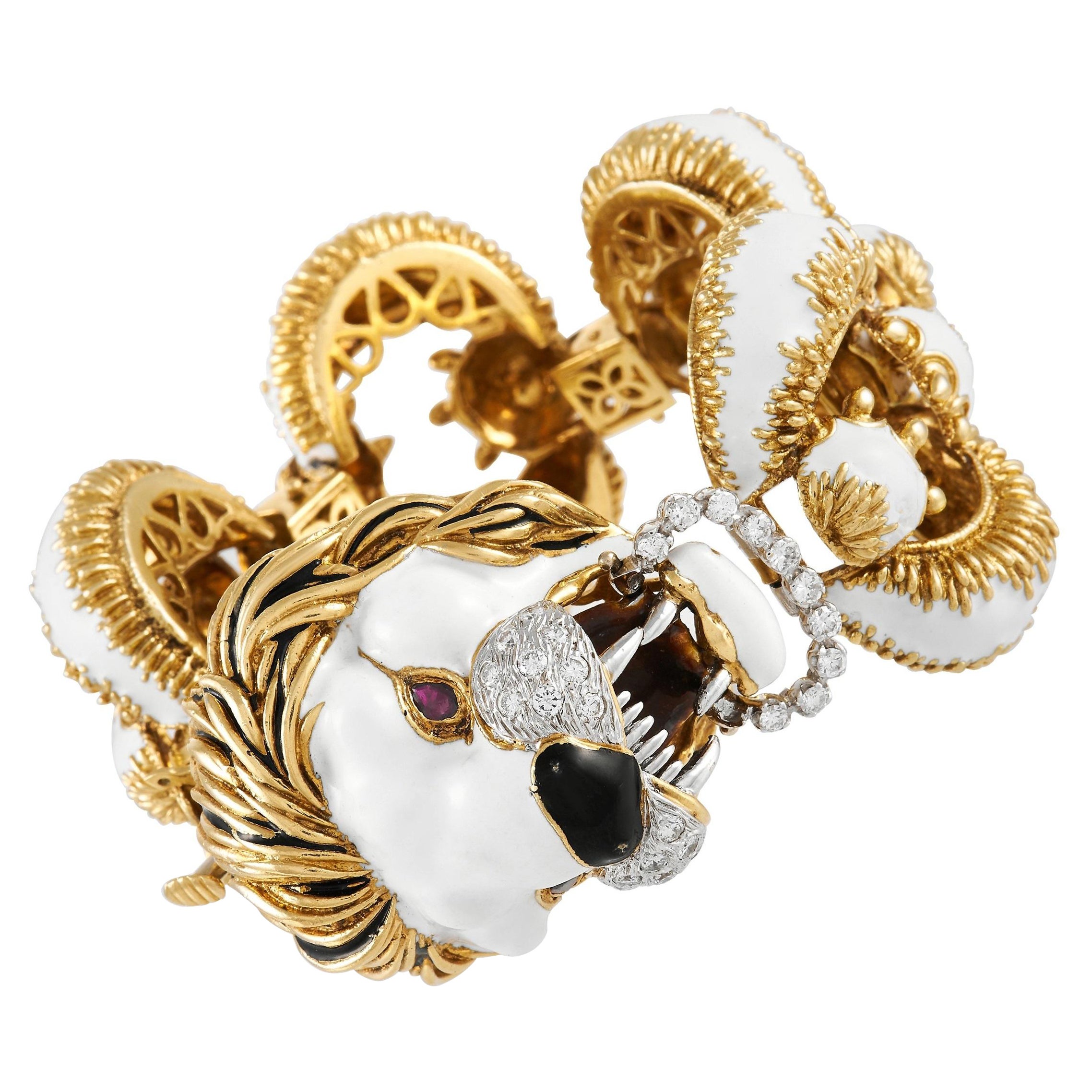 Prescarolli 18K Yellow Gold 1.15ct Diamond and Enamel Lion Bracelet