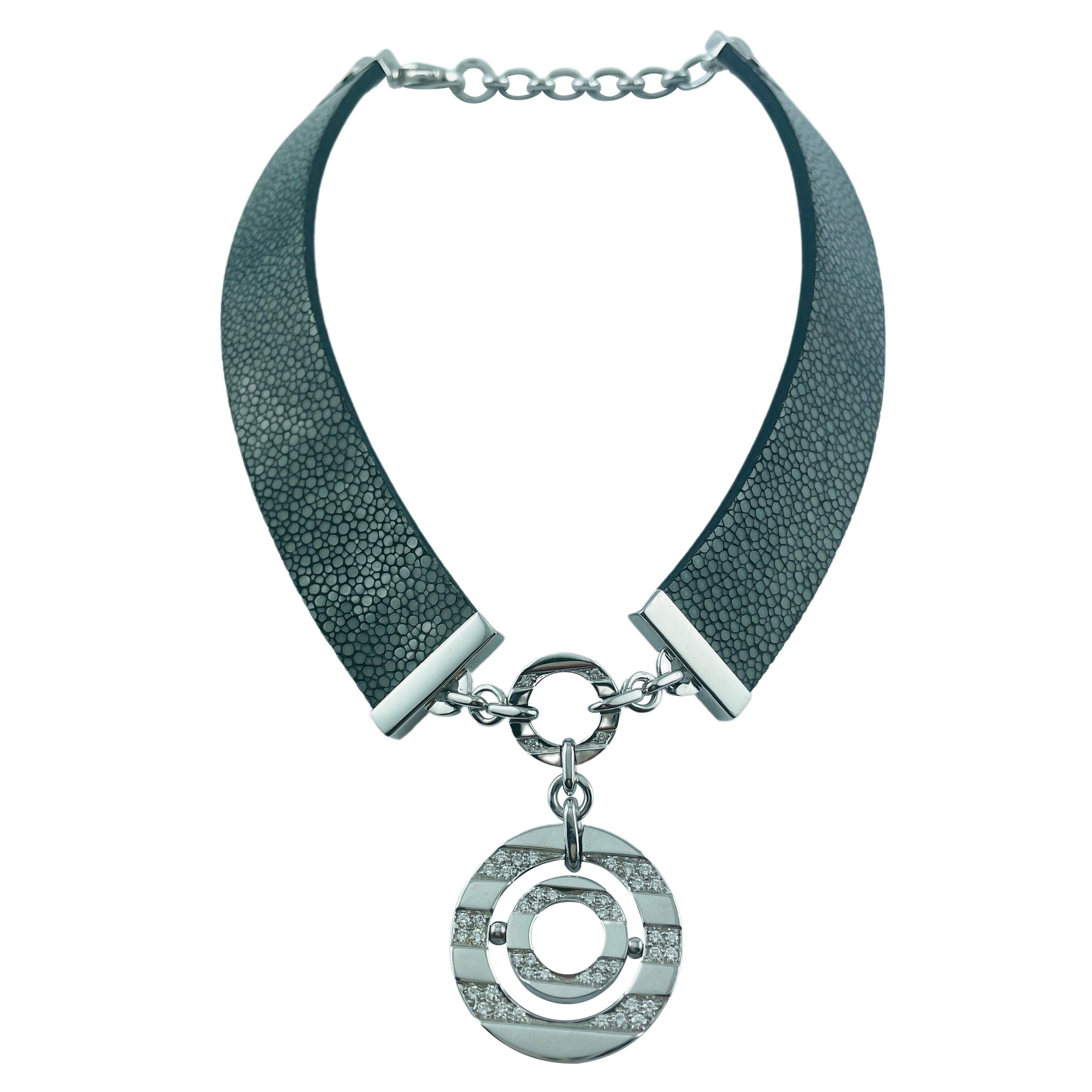 Bulgari Gold and Diamond Ostrich Leather Collar Necklace