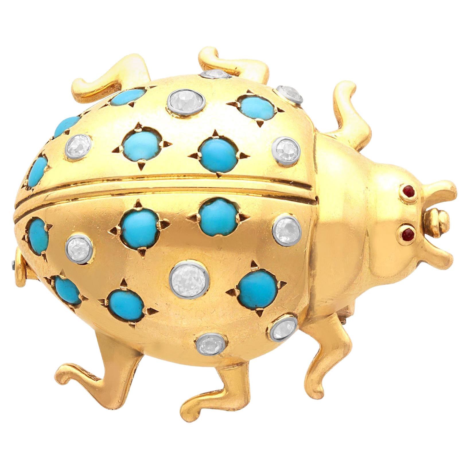 Broche insecte ancienne en or jaune 18 carats avec turquoise, diamants et rubis