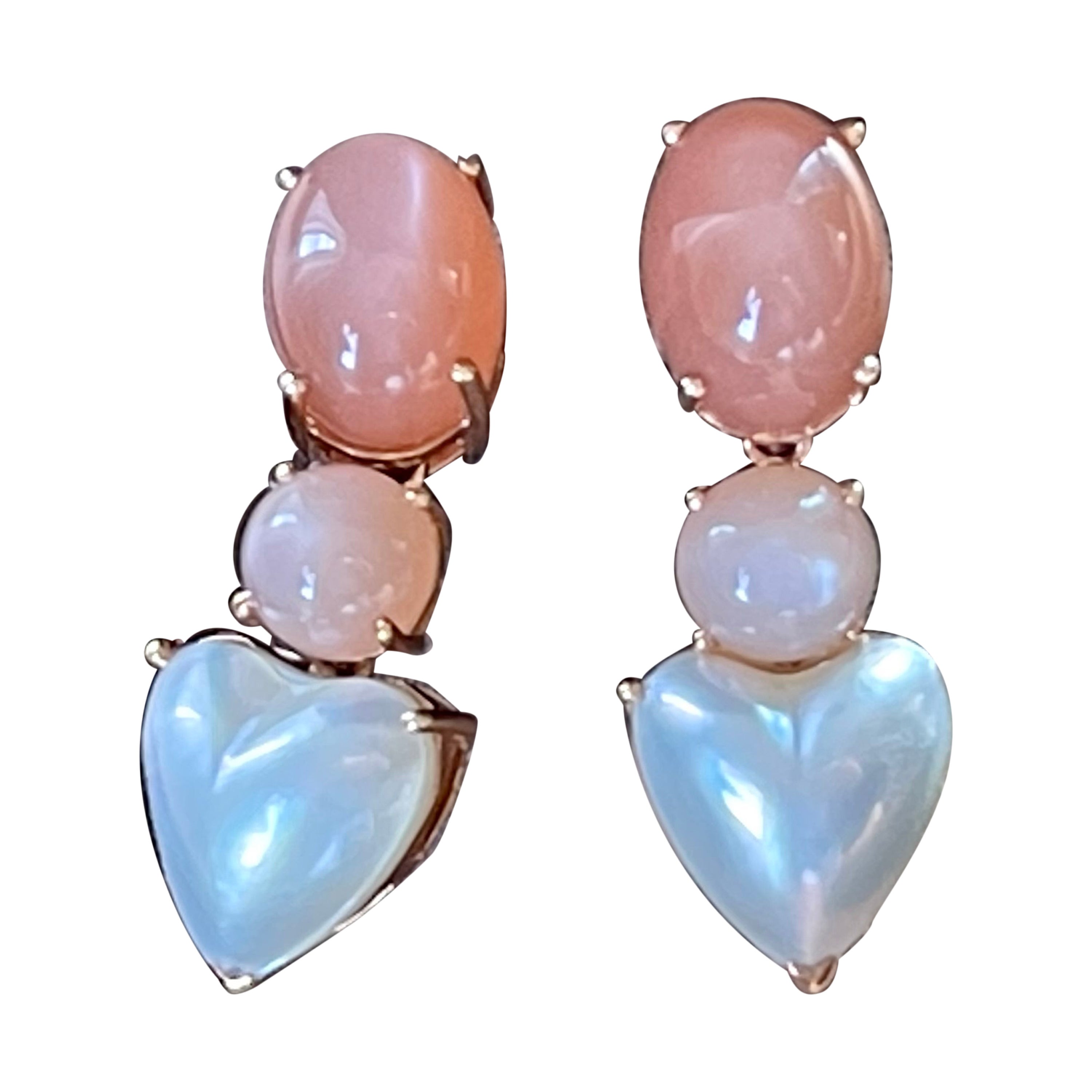 18 K Rose Gold Moonstone Cultured Pearl Earrings For Sale