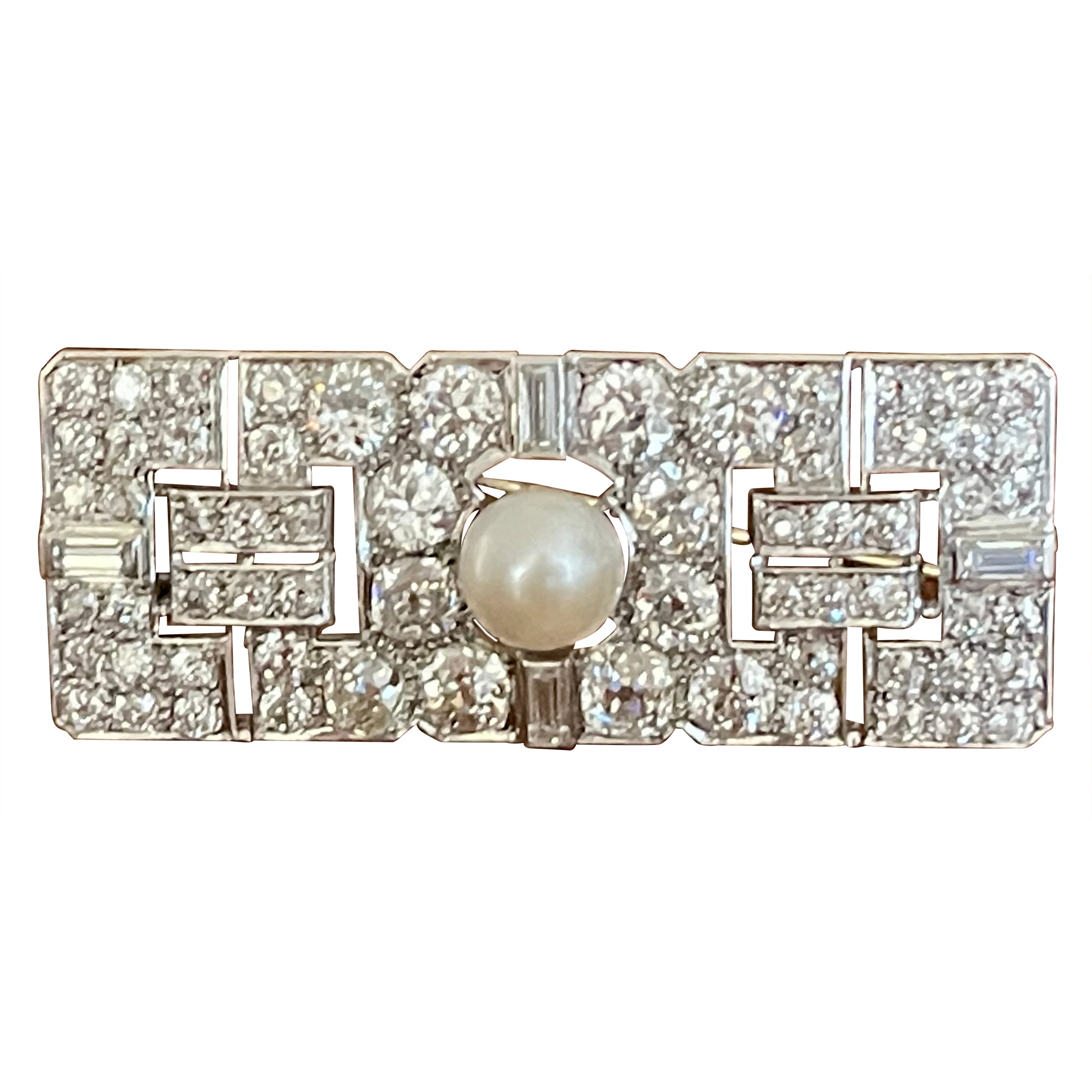Art Deco Diamond Cultured Pearl Platinum Plaque Brooch For Sale