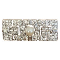Art Deco Diamond Cultured Pearl Platinum Plaque Brooch